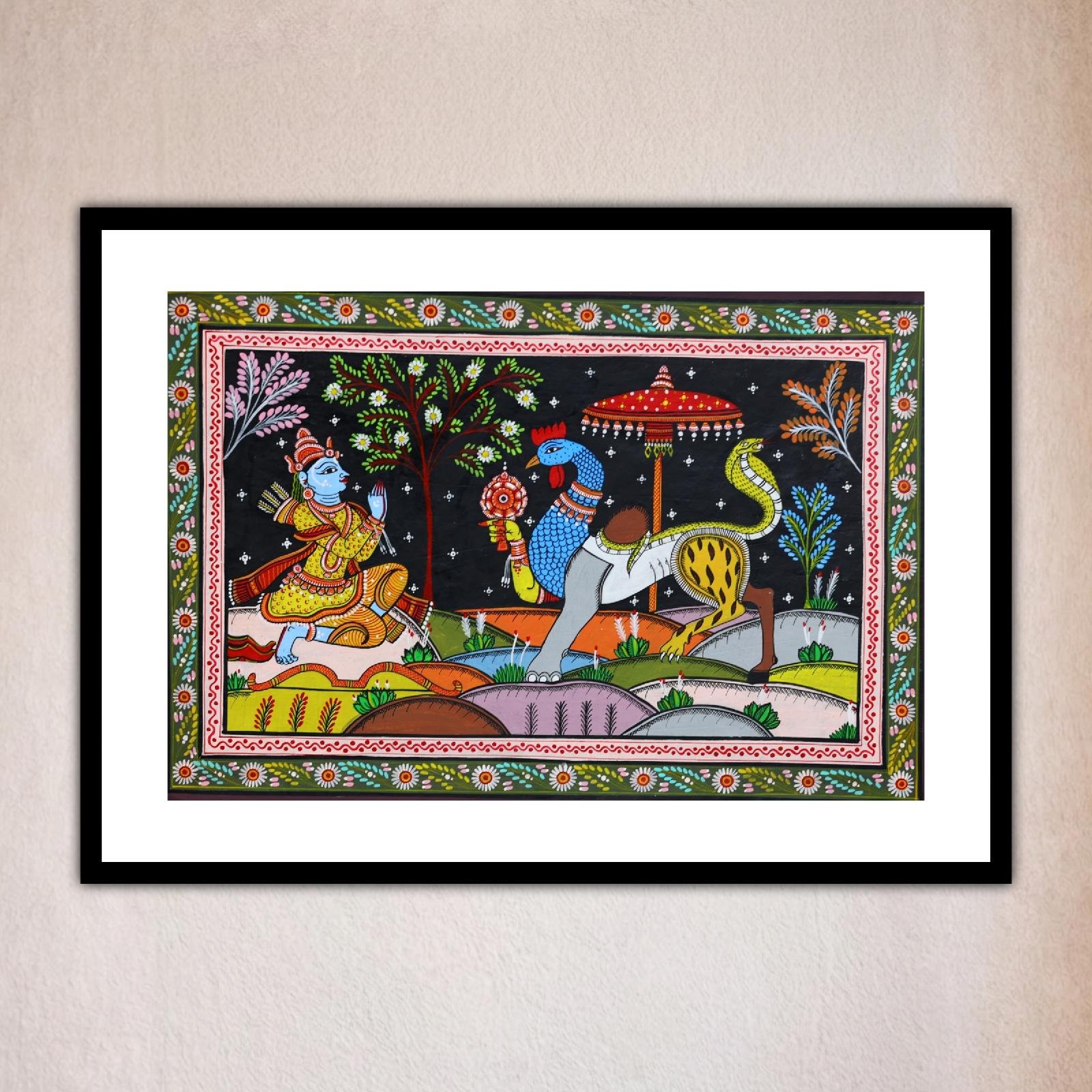 Colorful scene with figures and animals in a decorative frame, Nava Gunjara Pattachitra Art – Handcrafted In Odisha.
