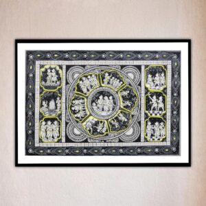 Front view of intricate artwork featuring deities, Ram Darbar Traditional Style Pattachitra Art.