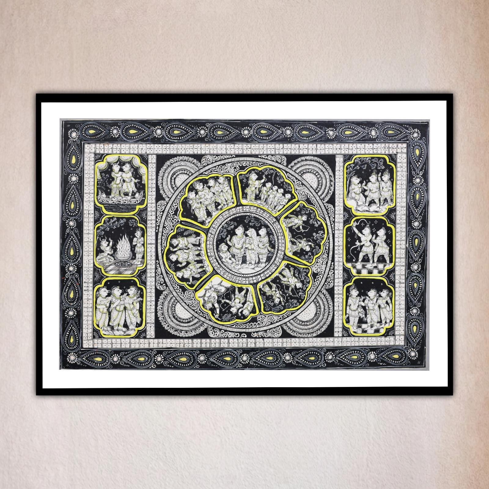 Front view of intricate artwork featuring deities, Ram Darbar Traditional Style Pattachitra Art.