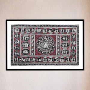 Monochrome artwork featuring intricate designs and figures, Krishna Leela Pattachitra Art.