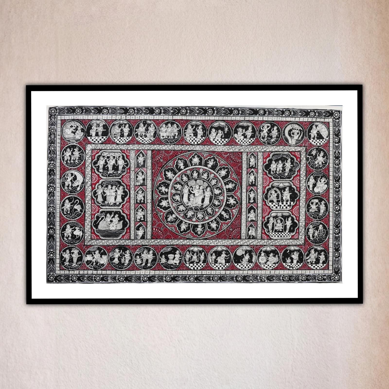 Monochrome artwork featuring intricate designs and figures, Krishna Leela Pattachitra Art.