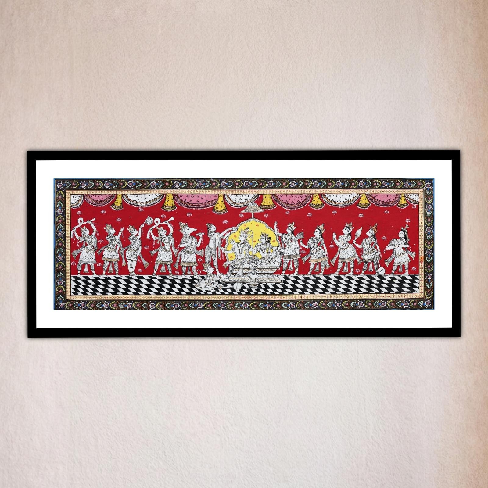 Front view of a colorful painting featuring multiple figures, Ram Darbar Pattachitra Art Made In Odisha.