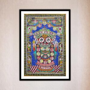 Front view of a colorful idol surrounded by intricate designs, Jagannath Mahaprabhu Pattachitra Painting.