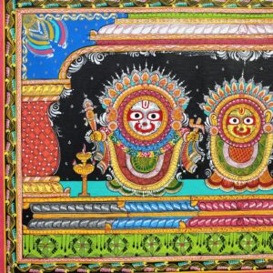 Intricate patterns and bright colors frame the figures in the Jagannath Balabhadra Subhadra Pattachitra Painting.