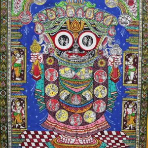 Intricate patterns adorn the vibrant attire of the deity in the Jagannath Mahaprabhu Pattachitra Painting.