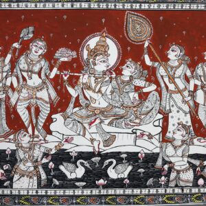 Delicate lotus flowers float on water in this Radha Krishna Jal Vihar Pattachitra painting.