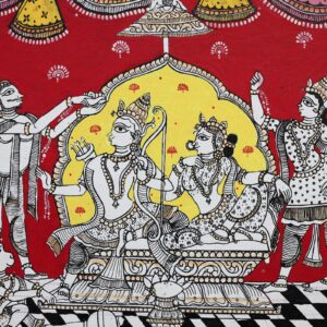 Intricate details of clothing and jewelry surround the central figures in Ram Darbar Pattachitra Art Made In Odisha.