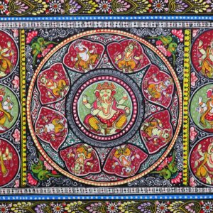 Intricate patterns surround the central figure in this Ganesh Mandala Pattachitra Art.