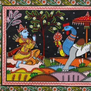 A blue figure with a golden crown greets a colorful peacock in this Nava Gunjara Pattachitra Art.