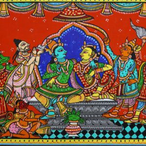 Intricate details of colorful attire surround the seated figures in Ram Darbar Pattachitra Art – Handcrafted In Odisha.