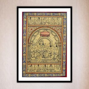 Front view of a handcrafted idol featuring deities in ornate design, Ram Darbar Pattachitra Art.