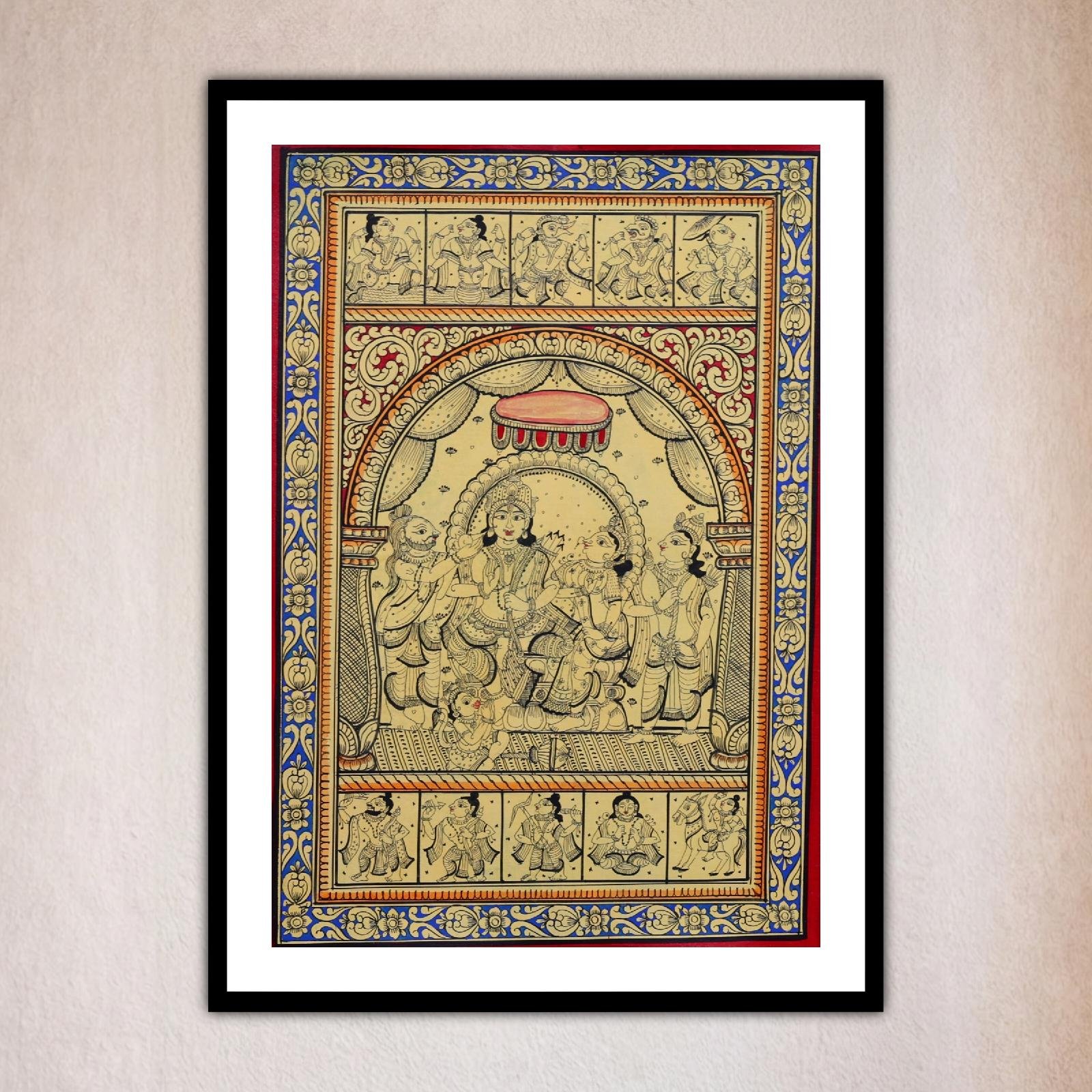 Front view of a handcrafted idol featuring deities in ornate design, Ram Darbar Pattachitra Art.
