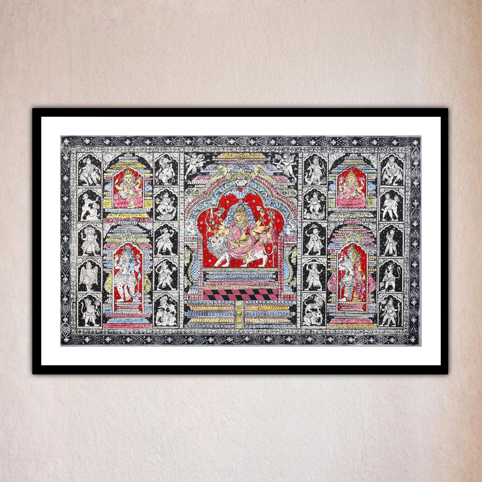 Intricate artwork featuring multiple figures and vibrant colors, showcasing a Durga Dashamahavidya Pattachitra Painting.