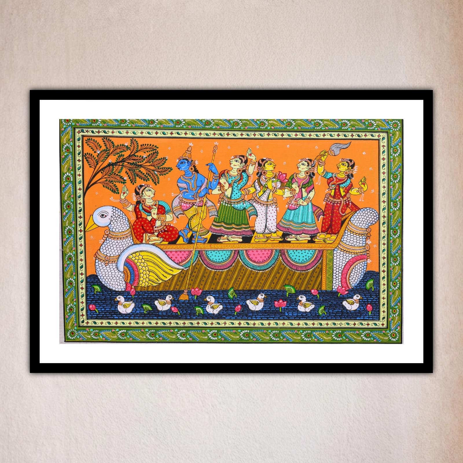 Vibrant scene of figures on a boat surrounded by waterfowl, Krishna Nauka Vihar Pattachitra Painting.
