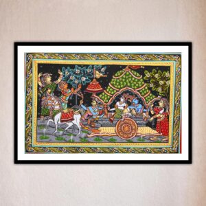 Vibrant colors depict a festive scene in this Pattachitra Krishna Mathura Vijaya Painting, showcasing a traditional victory