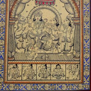 Ornate details of figures and intricate patterns surround the central scene in Ram Darbar Pattachitra Art – Traditionally