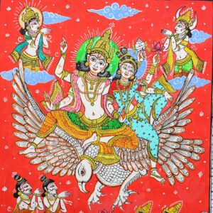 Vibrant red backdrop highlights the divine couple, showcasing the Pattachitra Gajendra Moksha Painting's vivid colors and