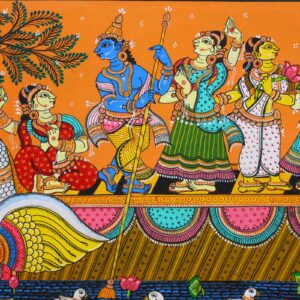 Intricate details of figures on a colorful boat illustrate Krishna Nauka Vihar Pattachitra Painting.