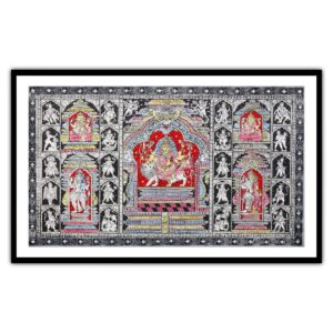 Vibrant patta chitra artwork featuring intricate designs and vivid colors against a contrasting background.