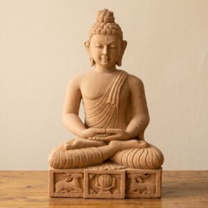 Handcrafted sandstone Buddha idol in a serene meditation pose on a wooden surface.