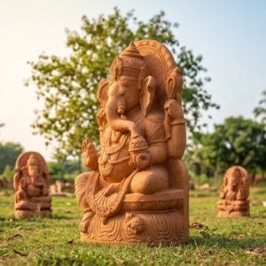 Handcrafted sandstone Ganesh idol in a natural setting, showcasing intricate details and warm earthy tones.