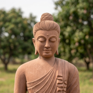 Handcrafted sandstone Buddha idol with serene expression, detailed robe, and natural earthy tones, set against greenery.