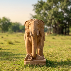 Handcrafted large sandstone elephant statue with intricate details, displayed in a natural outdoor setting.