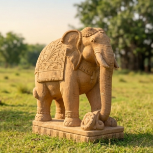 Handcrafted large sandstone elephant statue with intricate detailing, set against a natural green background.