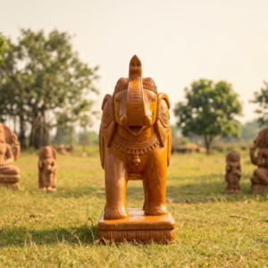 Front view of the Sandstone Elephant Statue showcasing intricate carvings and a polished finish.