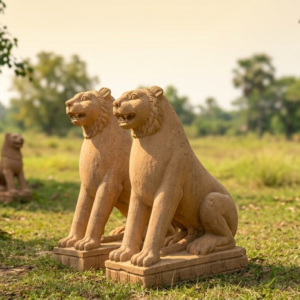 Handcrafted sandstone lion pair statue for garden and entrance décor