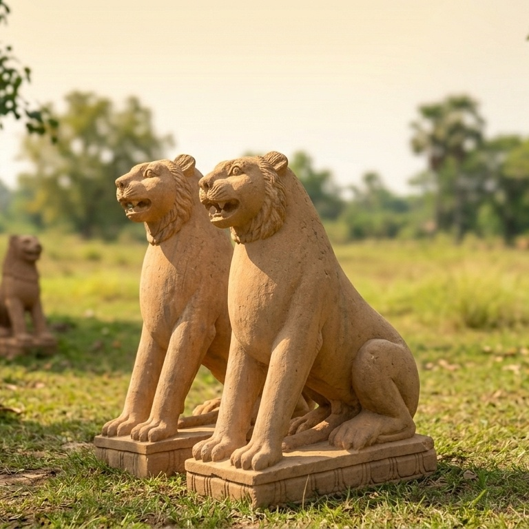 Handcrafted sandstone lion pair statue for garden and entrance décor