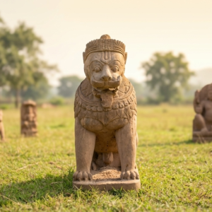 Handcrafted sandstone lion statue in a natural outdoor setting, showcasing intricate details and a regal posture.