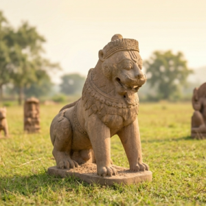 Handcrafted sandstone lion statue with intricate details, seated on a base in a grassy outdoor setting.