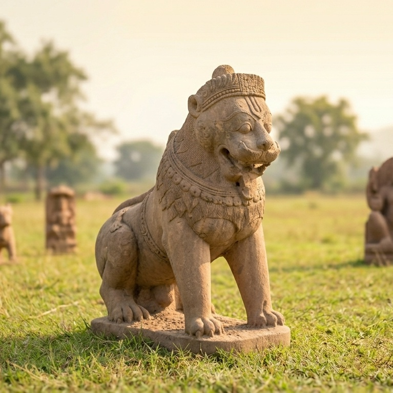 Handcrafted sandstone lion statue with intricate details, seated on a base in a grassy outdoor setting.