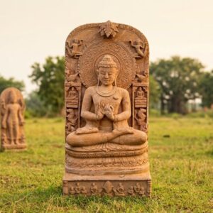 Handcrafted 5.5-foot sandstone Buddha idol in a meditative pose, detailed with intricate carvings and a serene expression.