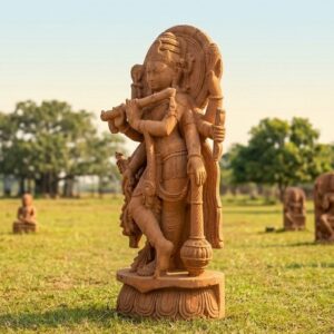 Handcrafted 50-inch sandstone Krishna idol, intricately detailed, standing in a serene outdoor setting.