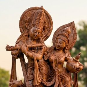 Handcrafted 5 feet sandstone Radha Krishna idol, showcasing intricate details and warm earthy tones.