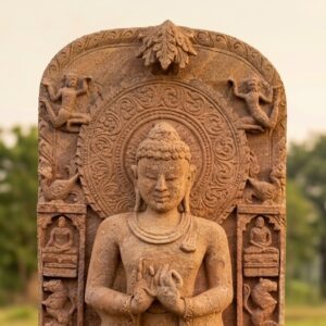 Handcrafted 5.5-foot sandstone Buddha idol with intricate carvings and a serene expression, set against a natural background.