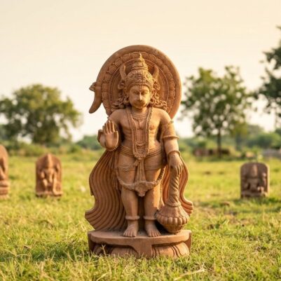 Front view of a detailed statue standing on grass, Khondalite Stone Hanuman Statue 5 feet Handcrafted.