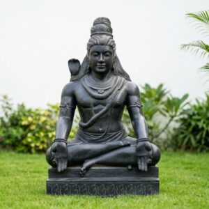 A seated black stone statue with intricate details, 4 Feet Black Stone Shiva Statue – Handcrafted Lord Murti.