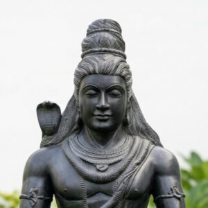 Intricate detailing on the hair and cobra adorns this 4 Feet Black Stone Shiva Statue.