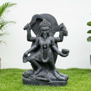 Front view of a multi-armed goddess standing over a figure, 2.5 Feet Black Stone Kali Mata Idol for Temple.