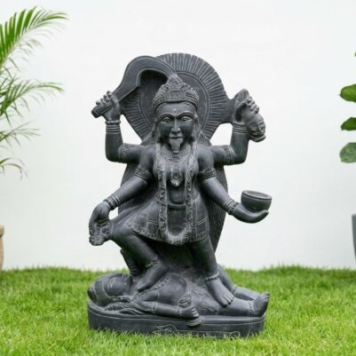 Front view of a multi-armed goddess standing over a figure, 2.5 Feet Black Stone Kali Mata Idol for Temple.