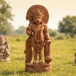 Front view of a detailed sandstone idol holding a pot, 6 Feet Sandstone Large Hanuman Statue – Handcrafted Murti.