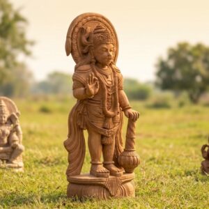 Hanuman stands with one hand raised, holding a pot; 6 Feet Sandstone Large Hanuman Statue – Handcrafted Murti.