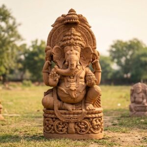 Front view of a large, intricately carved idol of Lord Ganesha, 6 Feet Sandstone Ganesh Idol – Handcrafted Lord Ganesha