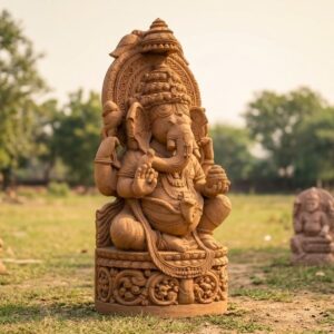 Lord Ganesha sits gracefully, holding items in his hands, 6 Feet Sandstone Ganesh Idol – Handcrafted Lord Ganesha Murti.