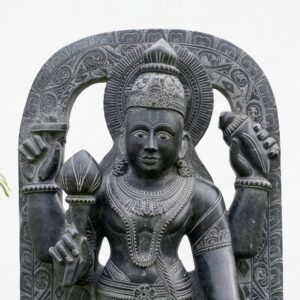 Intricate carvings detail the headdress and jewelry of the idol, 60 Inch Black Stone Vishnu Idol – Handcrafted Lord Vishnu