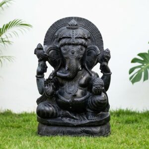 Front view of a detailed idol with intricate carvings, 17 Inch Black Stone Sitting Ganesh Idol – Handcrafted Lord Murti.