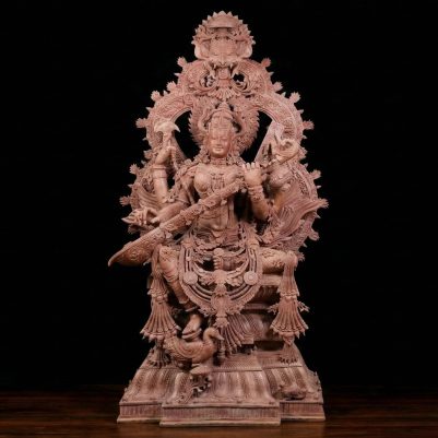 Very large 6 feet pink stone Maa Saraswati idol handcrafted by Odisha artisans